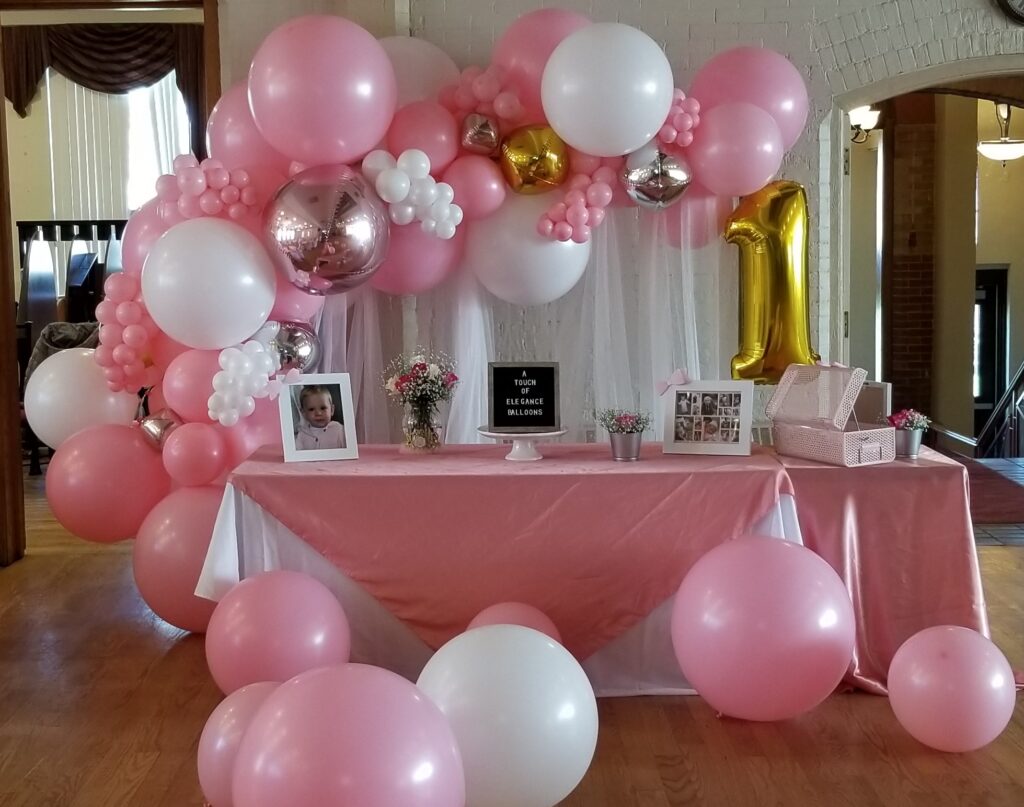 First birthday party balloon garland pink white gold balloons 1st birthday rose gold silver