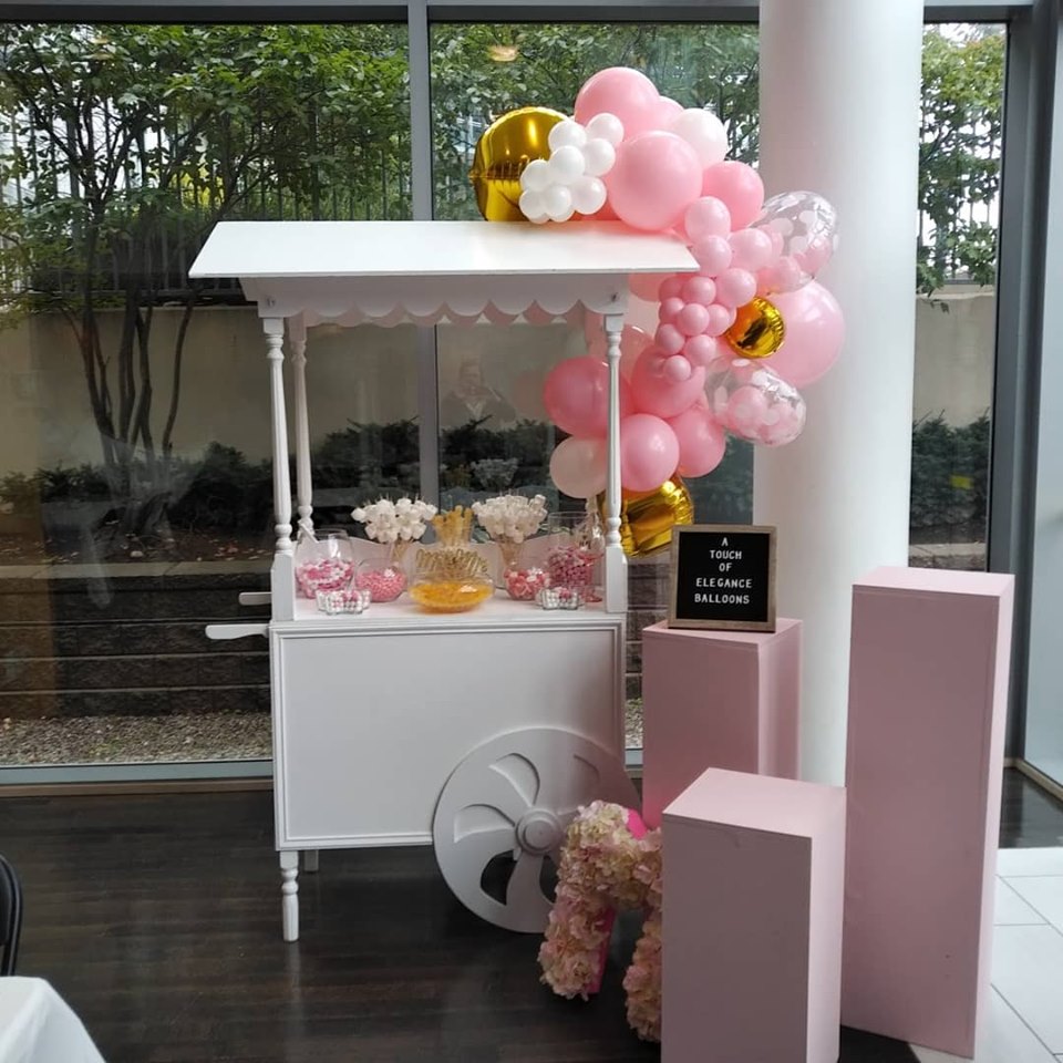 pink balloon garland white candy dessert cart baby shower it's a girl party decor