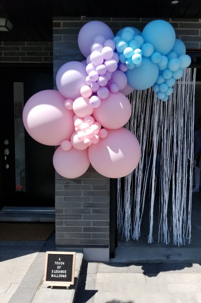 gender reveal balloon garland pink blue purple garage door drive by