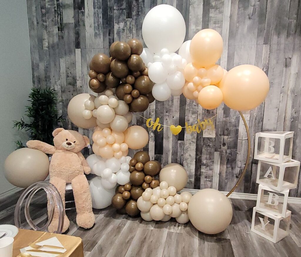 teddy bear balloon garland gold ring prop nude brown white blush balloons baby blocks