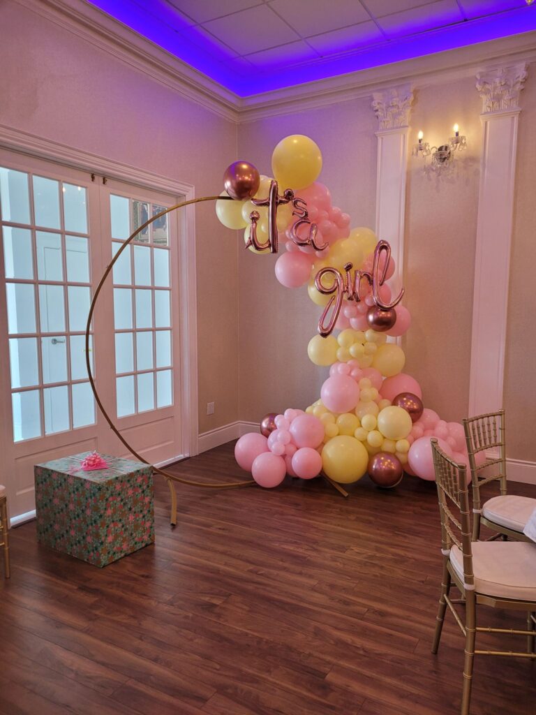it's a girl balloon garland gold ring prop pink yellow rose gold balloons